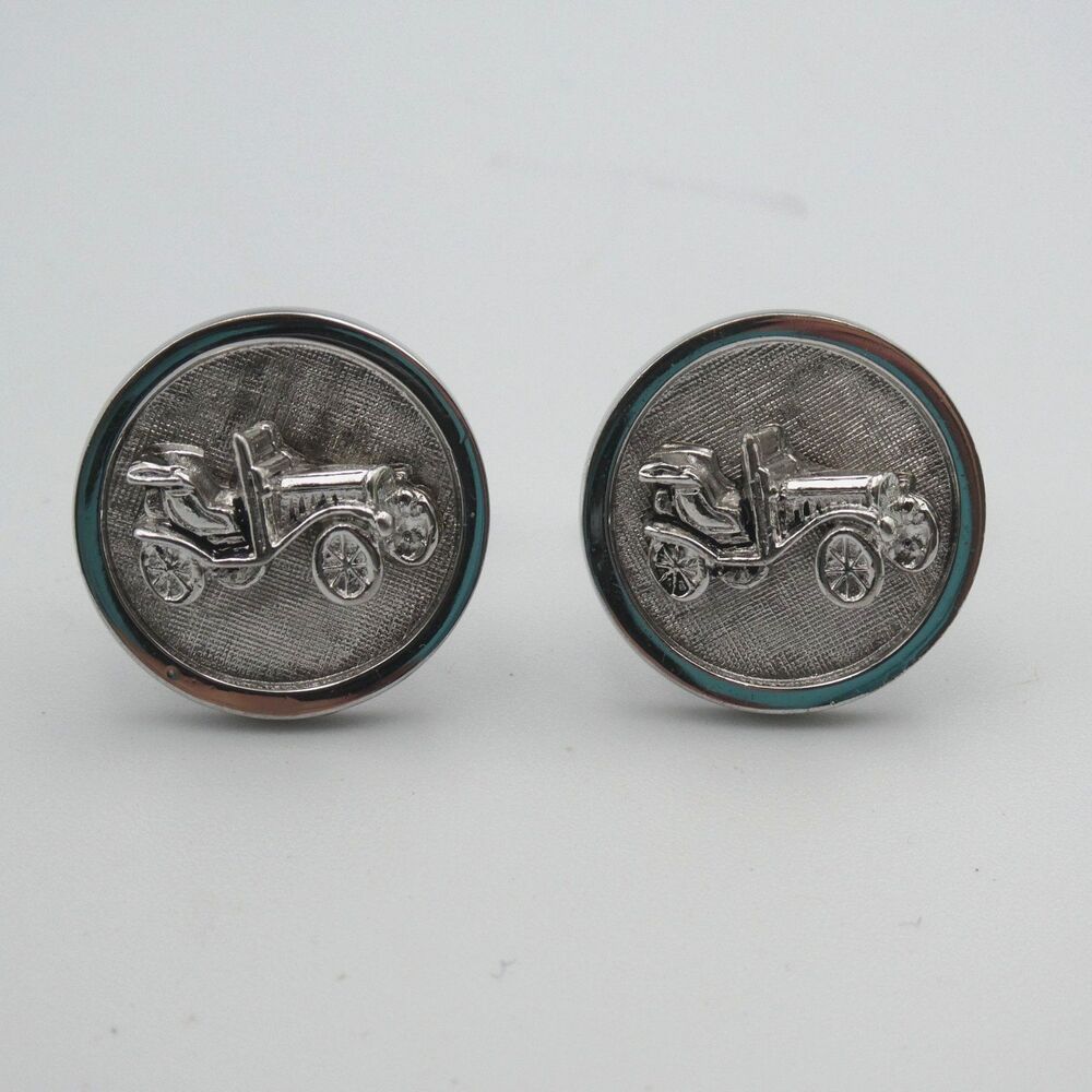 Vintage Shields Dante Silver Tone Antique Car Cufflinks Mid Century 60s Model T